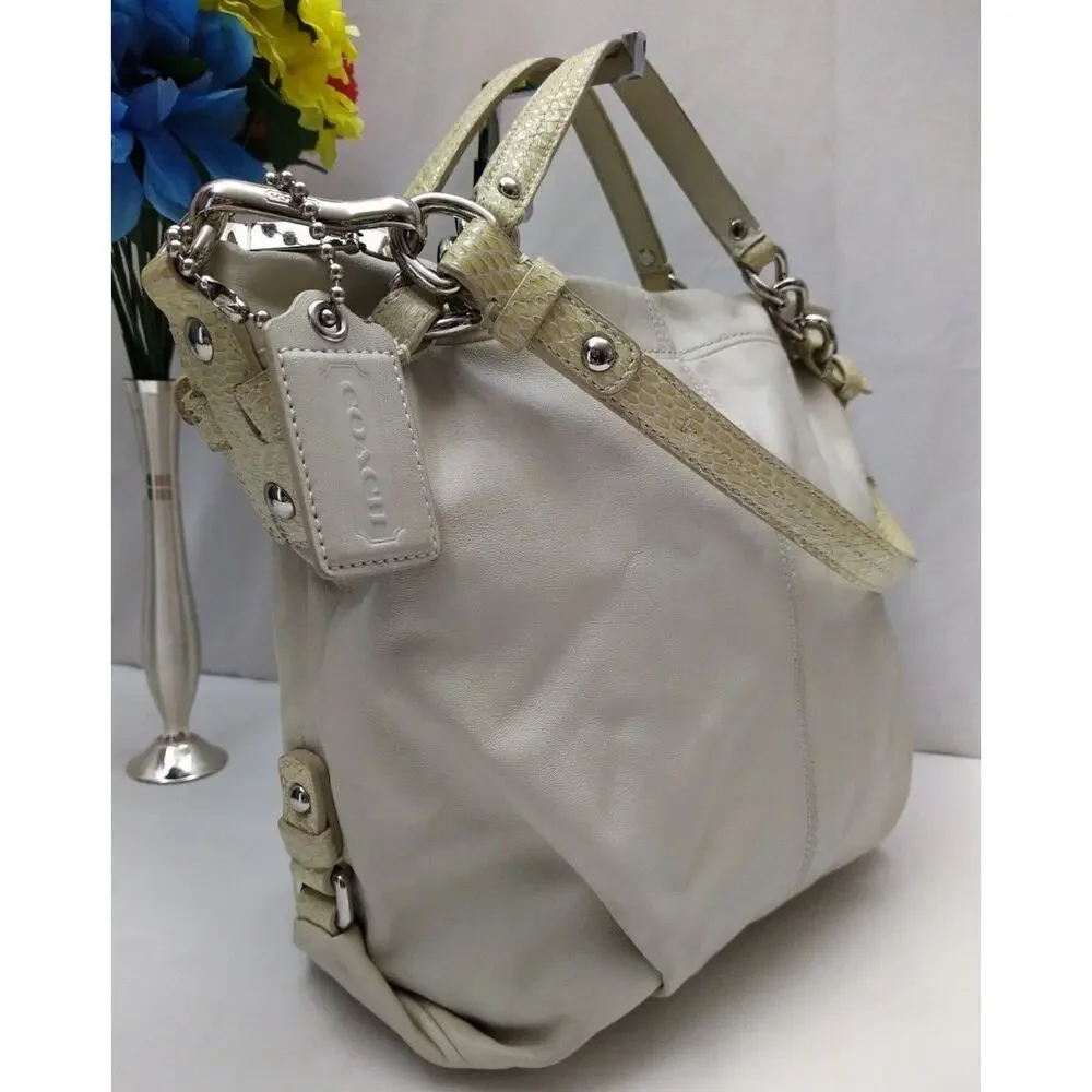 Coach Ivory Soft Leather Snakeskin Detail Zipper Hobo Shoulder Bag